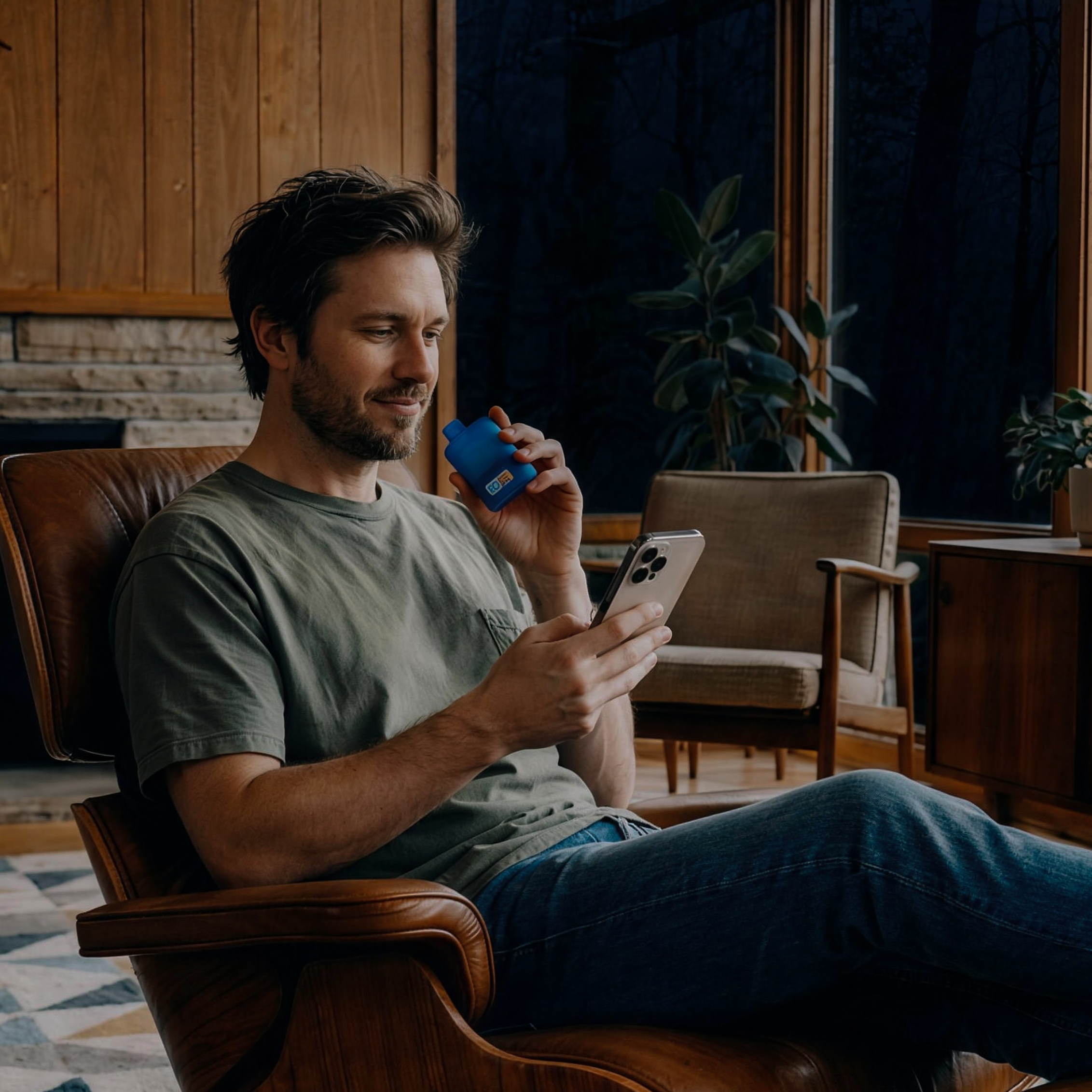 Adult PACHA user holding a device while using his phone